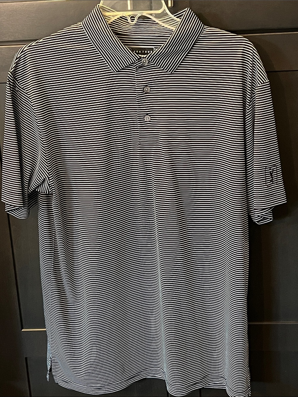Men's Black and White Striped PGA Tour Polo Shirt. Excellent condition Med.